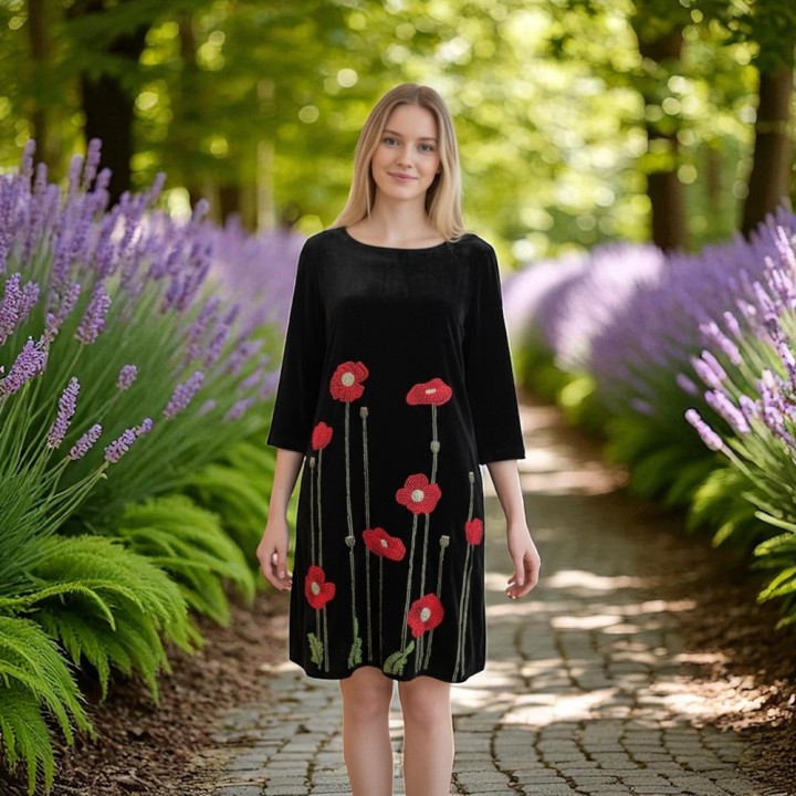 Black velvet dress embroidered with poppies- ORIANA
